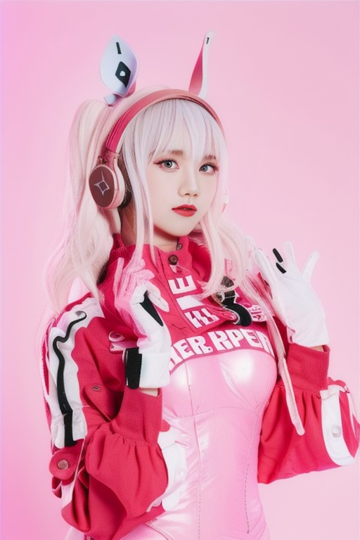 best quality, masterpiece, 1girl,<lora:Nikke_Alice:1> ,solo,pink background,bodysuit,white hair, headphones, holding weapon,